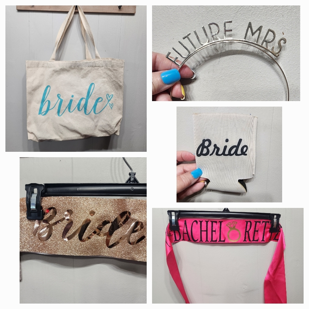 Bride Bundle 5 Piece Bag Can Cooler Sash Bachelorette‎ Wedding Party Tiara B769